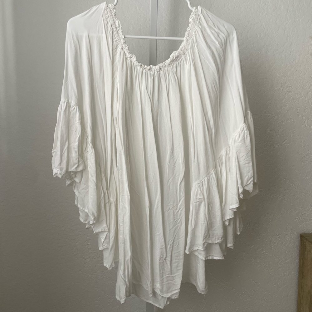 White flowy off the shoulder mini coverup